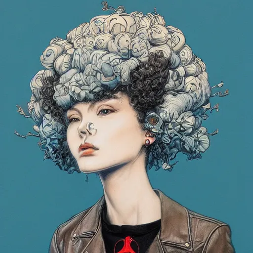 Image similar to james jean artwork of a beautiful girl with an afro and a leather jacket