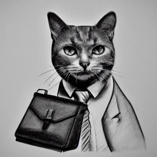 Image similar to 3D photorealistic pencil drawing of a cat in a suit with a briefcase on his way to work