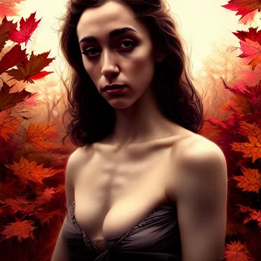 Image similar to gorgeous stella maeve magician, realistic character concept, bird's eye overhead shot, elegant pose, spooky, illustration, symmetrical face and body, volumetric lighting, detailed realistic symmetrical eyes, 8 k, joshua middleton, artgerm, tom bagshaw, single face, insanely detailed and intricate elegant, autumn leaves