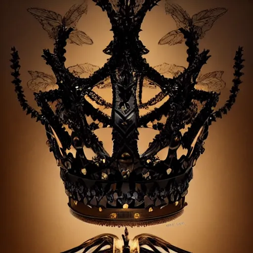 Image similar to king's crown made of dark bronze wings, delicate, fantasy, intricate, elegant, dramatic lighting, emotionally evoking symbolic metaphor, highly detailed, lifelike, photorealistic, digital painting, artstation, concept art, smooth, sharp focus, illustration, art by John Collier and Albert Aublet and Krenz Cushart and Artem Demura and Alphonse Mucha