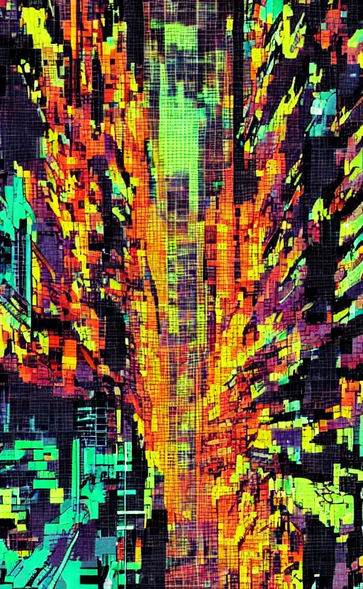 Prompt: Evangelion unit 01 pallete , zoom shot, telephoto lens, low aperture street level, buildings collapsed ,hyper-realistic, neon evening, inspired by Katsuhiro Otomo, pixelactivist