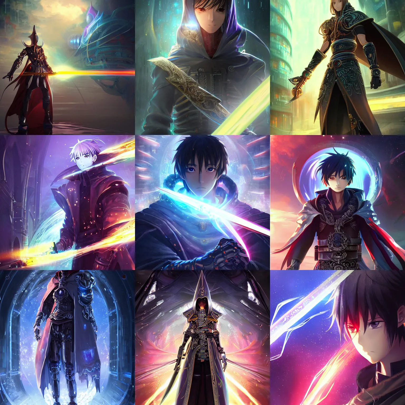 Prompt: 2.5D CGI anime fantasy portrait artwork of a hooded intricate cybernetic sorcerer warrior character with high quality glistening beautiful colors, rich moody atmosphere, reflections, specular highlights, omnipotent, megastructure realistic detailed background, brandishing iridescent cosmic sword, portrait in the style of Makoto Shinkai and Greg Rutkowski