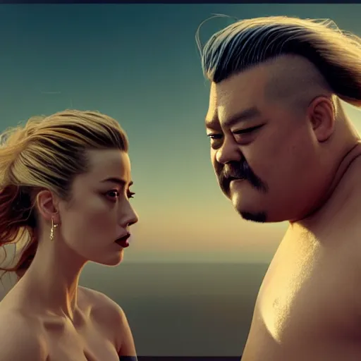 Image similar to Amber Heard and Johnny Depp are sumo fighting, highly detailed faces, artstation, matte painting, highly detailed, intricate, dramatic cinematic lighting, octane render, 8k, unreal engine