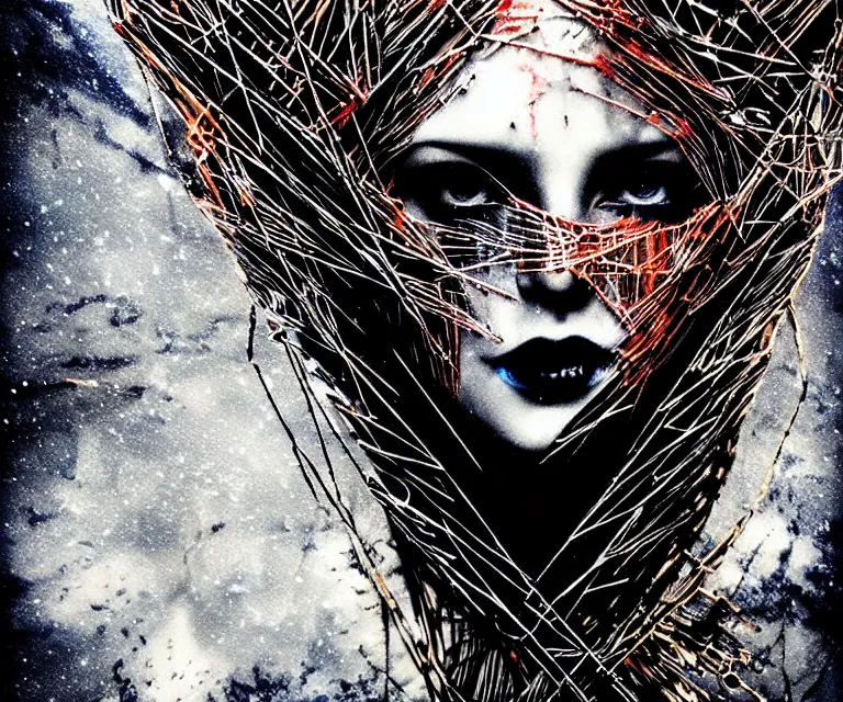 Prompt: aerial photo stunning otherworldly gothic goddess of ice fire, dark and mysterious, atmospheric, ominous, eerie, cinematic, epic, 8 k, 4 k, ultra detail, ultra realistic, rendered by awesomeness. nights falling wind is blowwing snow is pilling concept art in style of carne griffiths artwork by xsullo el anatsui