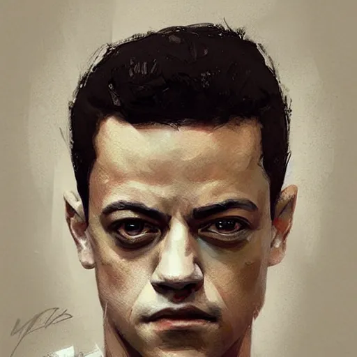 Image similar to “ portrait of rami malek by greg rutkowski, young, attractive, highly detailed portrait, scifi, digital painting, artstation, concept art, smooth, sharp foccus ilustration, artstation hq ”