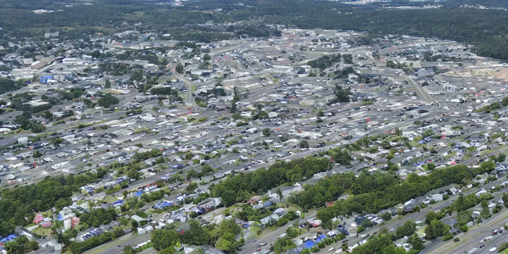 Prompt: bird's eye view photo of a low - rise city, with small woods and hills in the north with trailer park. in the south are buildings, a highway, inlet shipping dock area, and monorail station.