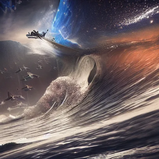 Image similar to surfing on the waves of time cosmic photorealistic, octane, hyper detailed, insane details, elite, highly detailed and intricate, sharp focus, photography, unreal engine ; halls of space by ben wanat