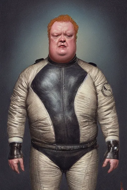 Image similar to daguerreotype of upper body portrait of baron harkonnen wearing leather spacesuit, detailed, illustration by normal rockwell, artstation character art, greg rutkowski