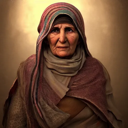 Image similar to hyperrealistic mixed media high resolution image of a Kurdish grandmother, stunning 3d render inspired art by István Sándorfi and Greg Rutkowski and Unreal Engine, perfect symmetry, dim volumetric lighting, 8k octane beautifully detailed render, post-processing, extremely hyper-detailed, intricate, epic composition, highly detailed attributes, highly detailed atmosphere, full body shot, cinematic lighting, masterpiece, trending on artstation, very very detailed, masterpiece, stunning, flawless structure, lifelike texture, perfection,