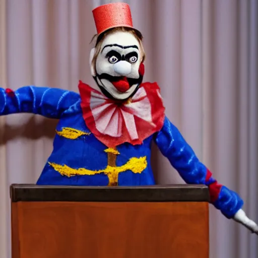 Image similar to puppet show of a string marionette of a president with clown makeup in a podium