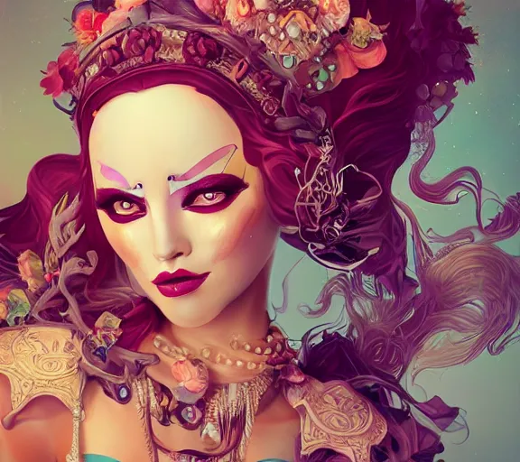 Prompt: beautiful female character inspired by venice carnival and pop art bounty hunter | | digital artwork made by greg rutswork, anna dittmann and lois van barlee, symmetrical, anatomically correct