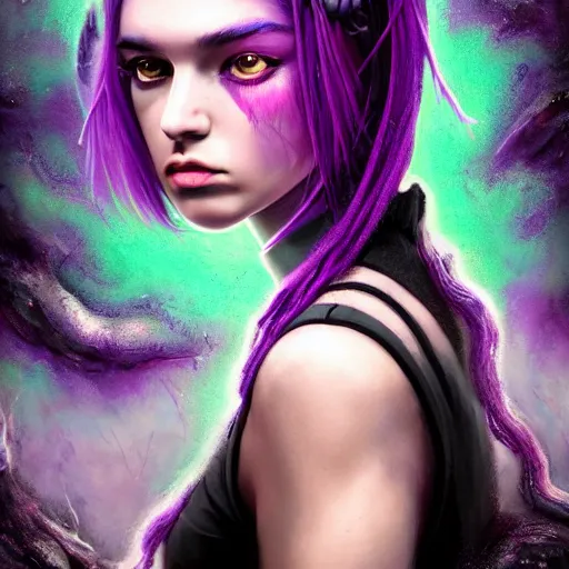 Image similar to detailed photo portrait of a furious teen girl with thin, hair-like purple tentacles on her head and bright purple eyes, 8k,by tristan eaton, Stanley Artgermm,Tom Bagshaw,Greg Rutkowski,Carne Griffiths,trending on DeviantArt, face enhance,hyper detailed ,full of colour, dramatic lightning