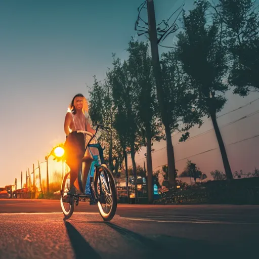 Prompt: a beautiful girl rides a bicycle on the street at dusk