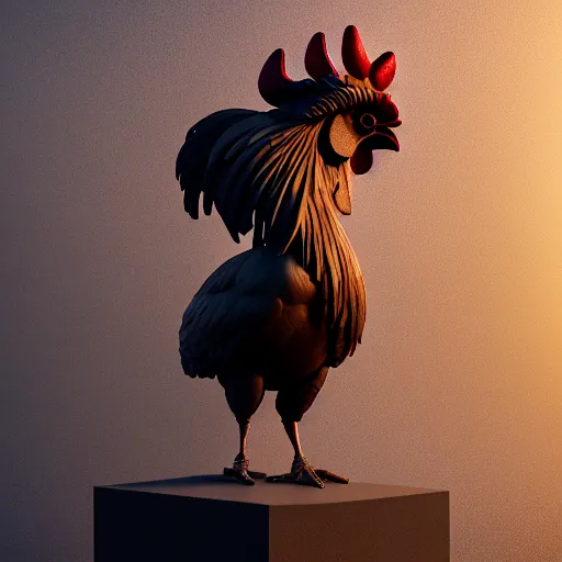 Prompt: a portrait of monumental muscular rooster greek statue in shape of creative man, black rock statue material, studio light, hasselblad photo, 8 k resolution, octane render, character design, digital art