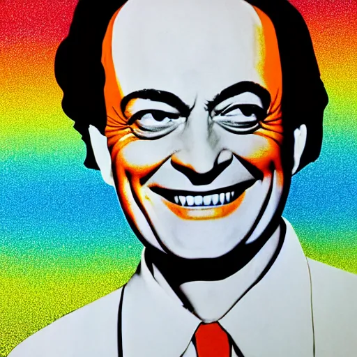 Image similar to rainbow smiling happy richard feynman. pop art.