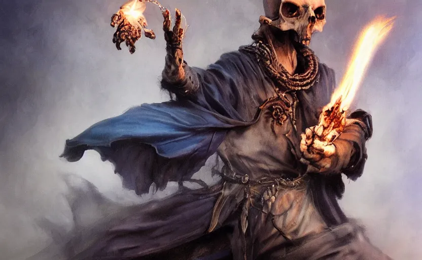 Image similar to portrait of a humanoid rat sorcerer with a rat skull for a head and holding a blue flame in each bony hand, laser eyes, dark hooded sorcerer robes, fantasy, d & d, greg rutkowski, frank frazetta, intricately detailed, impressive lighting, misty environment, power stance, ultimate power, doom, 8 k hdr