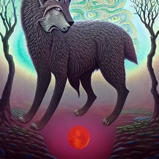 Image similar to an athromorphic wolf character meditating in a zen garden with a waterfall under the blood moon, by Adi granov and afarin sajedi and amanda sage and evgeni gordiets and Agostino Arrivabene and adonna khare in a psychedelic portrait style, ultrarealistic matte painting, volumetric lighting, fractal, extremely symmetrical, highly detailed face, orisha, 8k, hd