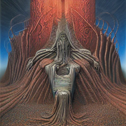 Prompt: HER THRONE by jacek yerka, alex gray, zdzisław beksiński, dariusz zawadzki, jeffrey smith and h.r. giger, oil on canvas, 8k highly professionally detailed, trending on artstation