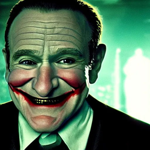 Image similar to stunning awe inspiring ( robin williams ) as the joker 8 k hdr movie still atmospheric lighting