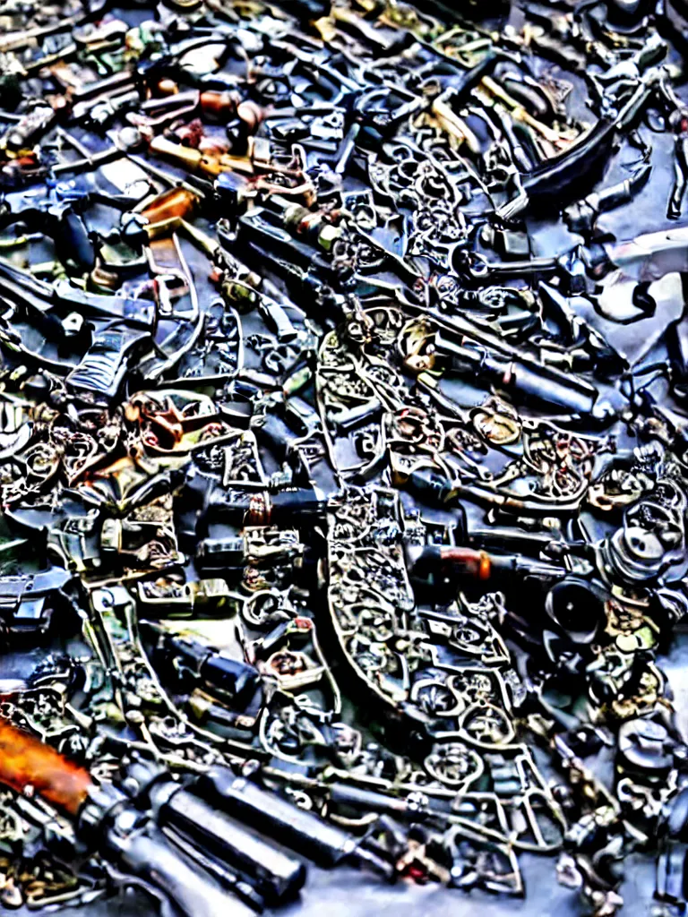 Prompt: kaleidoscope of machine guns, shotguns, rifles, revolvers, bullets, ultra-realistic, intricate details photograph,