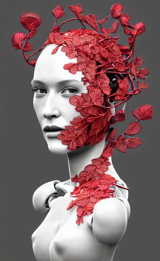 Image similar to complex 3d render ultra detailed of a beautiful porcelain profile woman face, mechanical cyborg, 150 mm, beautiful 3 point lighting, rim light, silver gold red details, luxurious magnolia with leaves and stems, roots, Alexander Mcqueen haute couture, fine foliage lace, mesh wire, filigran intricate details, hyperrealistic, mandelbrot fractal, anatomical, robotic parts, facial muscles, cable electric wires, microchip, elegant, octane render, 8k post-processing