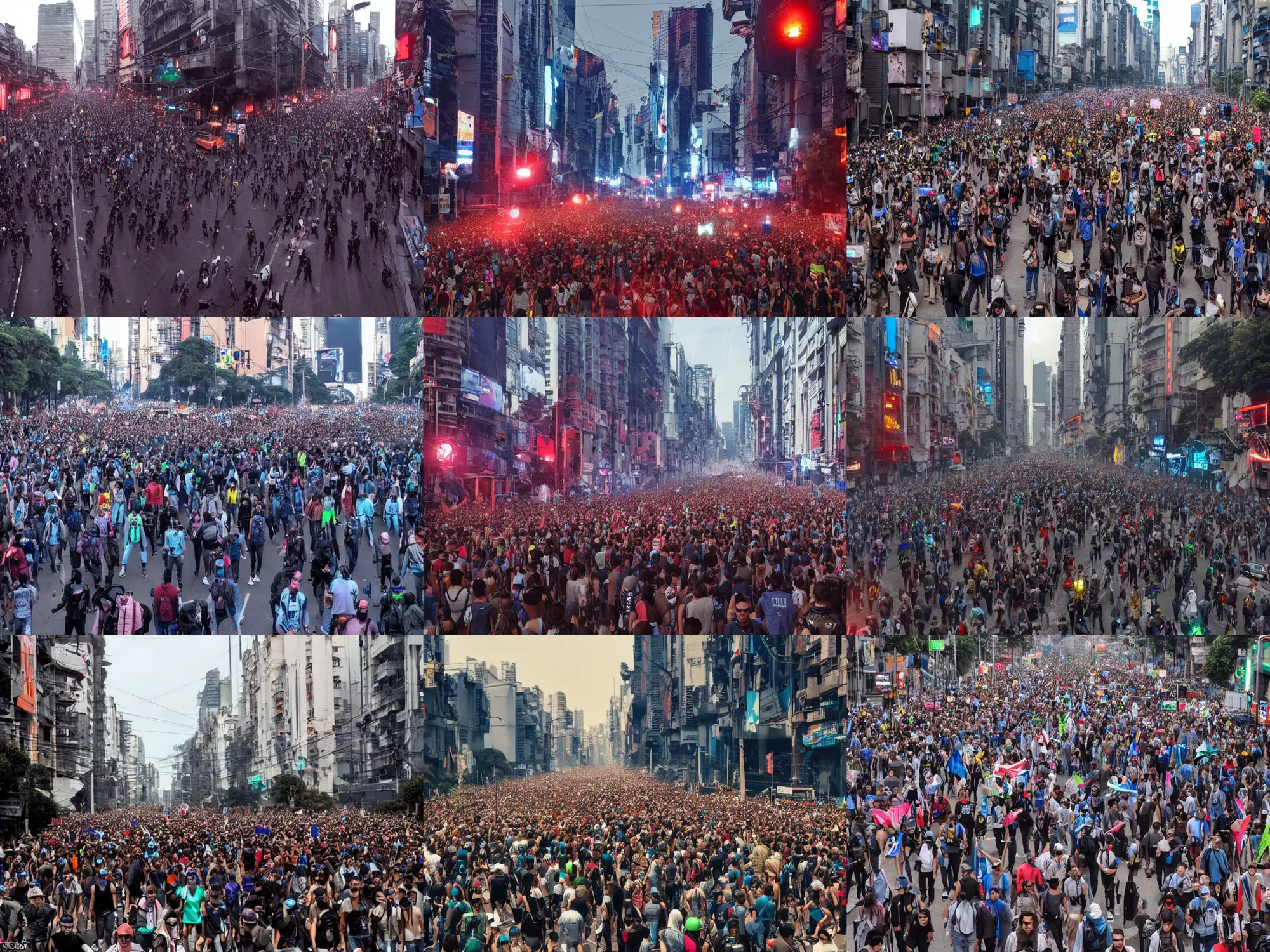 Prompt: Multitudinaria marcha en la Avenida 9 de julio, Cyberpunk Buenos Aires, trending on artstation