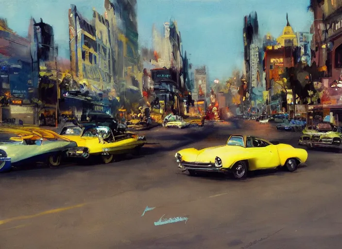 Prompt: hotrods driving down a street , vintage, highly detailed, 4K, by John Berkey