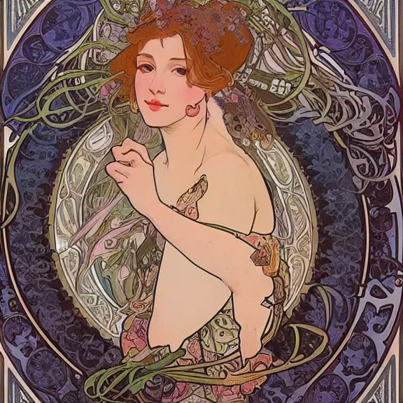 Image similar to a highly detailed beautiful portrait in the style of alphonse mucha and in the style of james jean.