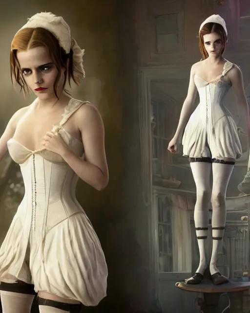 Image similar to full shot portrait painting of very beautiful emma watson standing as white maiden in revealing stockings corset noir streets, character design by mark ryden and pixar and hayao miyazaki, unreal 5, daz, hyperrealistic, octane render, cosplay, rpg portrait, dynamic lighting, intricate detail, cinematic