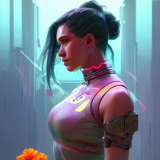 Prompt: an athletic humanoid girl with a flower, cyberpunk 2070, synthwave, highly detailed, digital painting, artstation, concept art, sharp focus, illustration, art by artgerm and greg rutkowski and alphonse mucha