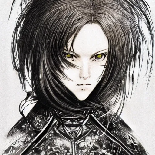 Image similar to Yoshitaka Amano realistic illustration of an anime girl with black eyes, wavy white hair fluttering in the wind and cracks on her face wearing Elden ring armour with engraving, abstract black and white patterns on the background, noisy film grain effect, highly detailed, Renaissance oil painting, weird portrait angle, blurred lost edges, three quarter view