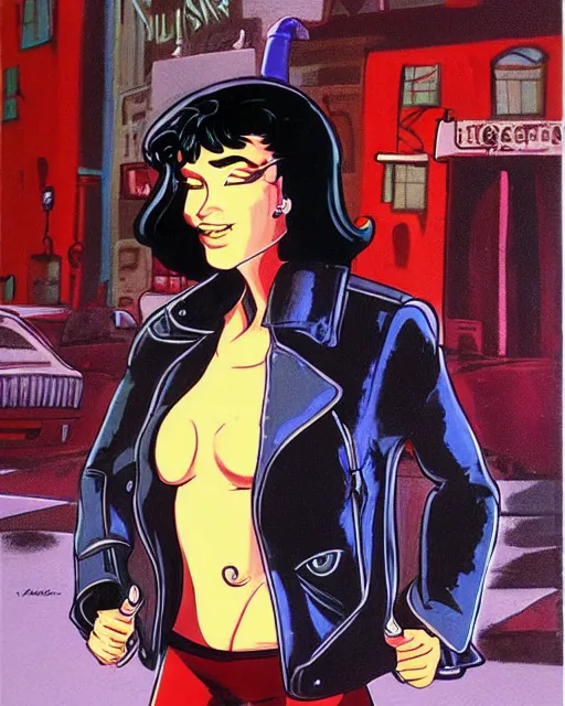 Image similar to young female protagonist in leather jacket, city street, artwork by ralph bakshi