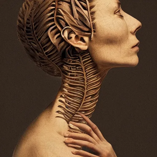 Prompt: a womans face in profile made of leaf skeleton in the style of the dutch masters and gregory crewdson dark and moody. for museum gallery