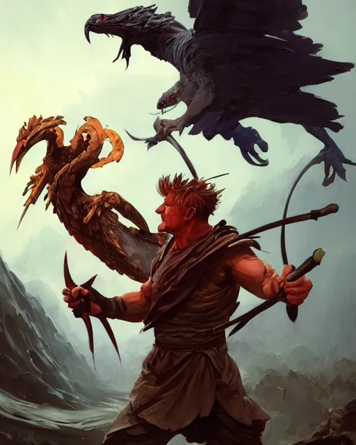 Image similar to fantasy character portrait of gordon ramsay fighting a giant eagle peter mohrbacher, wadim kashin, greg rutkowski, larry elmore, george pemba, ernie barnes, raymond swanland, magali villeneuve, trending on artstation