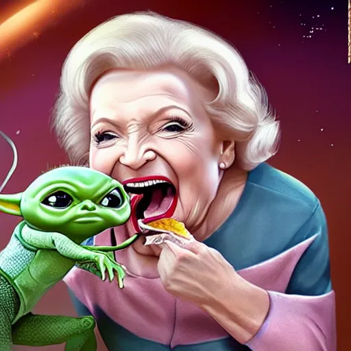 Prompt: promotional image of lovely Betty White, Betty White as adorable ((((baby yoda)))) trying to eat a cute alien grasshopper, concept art, photorealistic, hyperdetailed.