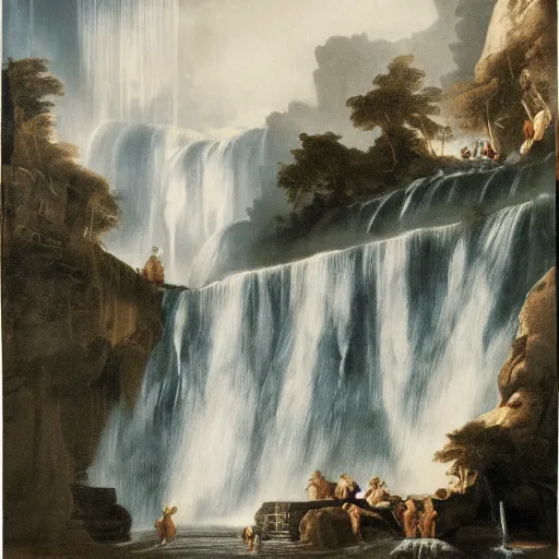 Image similar to A beautiful collage of a waterfalls going into a city. lithograph by Roberto Ferri, by Chip Zdarsky decorative