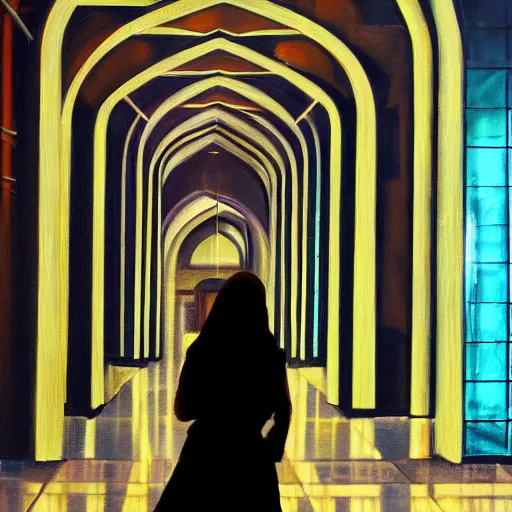Image similar to beautiful woman, courtyard, capital, mosque interior, reflections, control panel, watcher, omniscient, tech noir, few neon signs, concept art, speed painting, oil on canvas