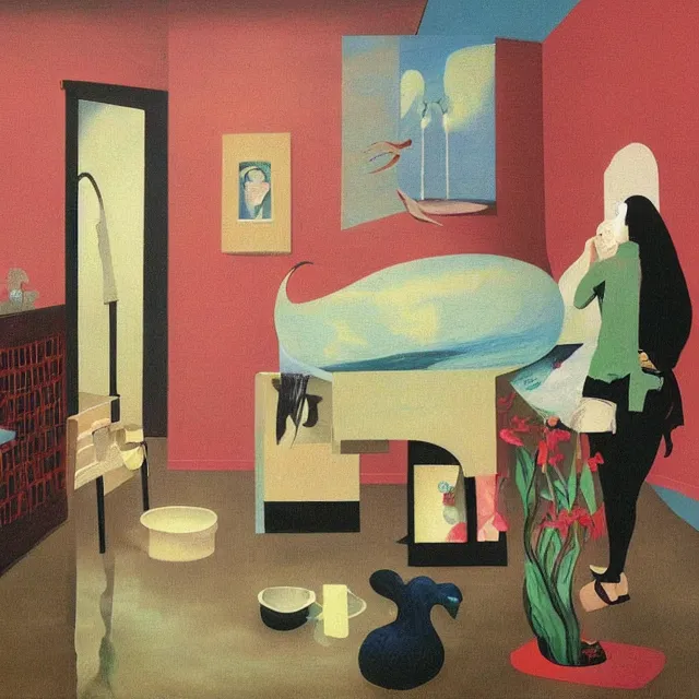 Image similar to female emo art student in her apartment, painting of flood waters inside an artist's feminine bedroom, a river flooding indoors, pomegranates, pigs, ikebana, water, octopus, river, rapids, waterfall, black swans, canoe, berries, zen, acrylic on canvas, surrealist, by magritte and monet