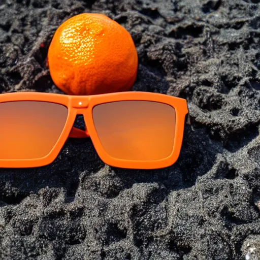 Prompt: a beautiful photo of a Orange wearing sunglasses at the beach, 4k