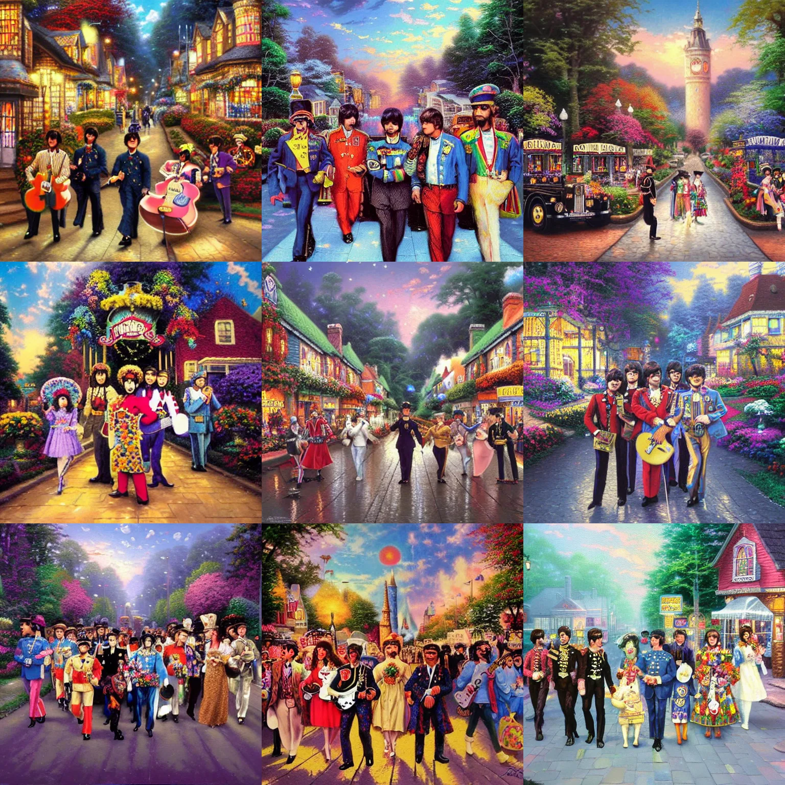 Prompt: thomas kinkade painting of the beatles sgt pepper's!!! thomas kinkade!!! lonely hearts club band ( 1 9 6 7 ) album cover!!!!!!!!!!!!!!!!!!!!!!!!!!!!!! thomas kinkade