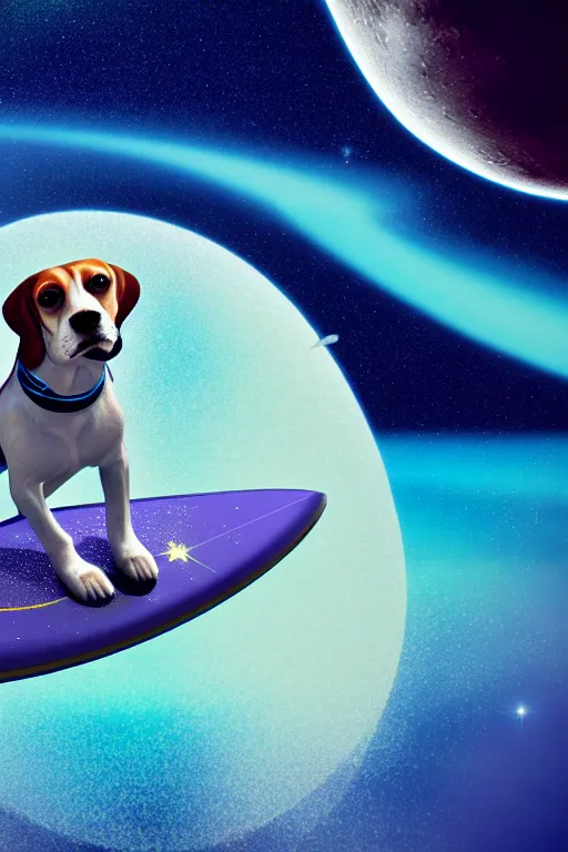 Image similar to beagle dog surfing a surfboard on a sparkly crashing wave of stardust in space, background is a moon in nebula, octane render, unreal engine, wide view, 8 k, highdetaild