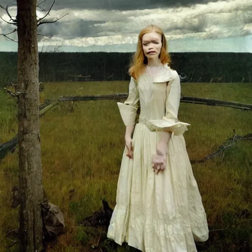 Image similar to Elle Fanning in the world of Andrew Wyeth, stormy weather, extremely detailed masterpiece, oil on canvas, Roger Deakin’s cinematography, by Norman Rockwell,