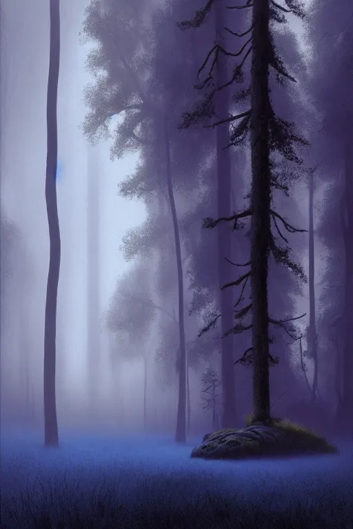 Prompt: emissary a dark moody forest moon home of the furry yellow eyed ewoks, small fires illuminating the forest, foggy blue hour, light traveling through the trees, small creek, ( designated : ix 3 2 4 4 - a ) by arthur haas and bruce pennington and john schoenherr, cinematic matte painting, 8 k, dark color palate