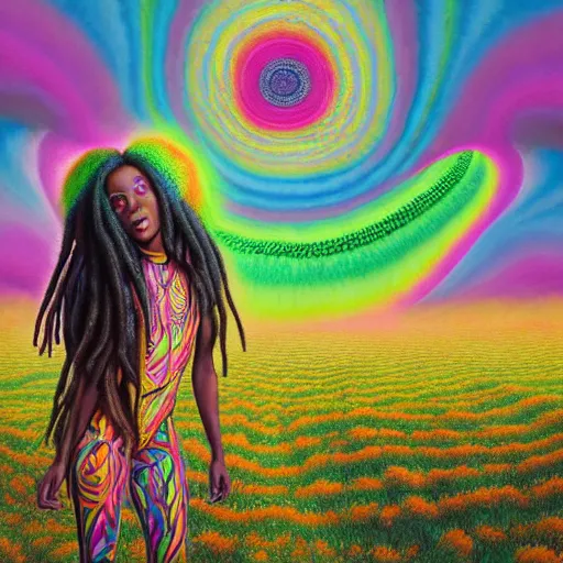 Image similar to a wide angle shot of a black girl with colorful dreadlocks in a field of candy, by Adi granov and afarin sajedi and amanda sage and evgeni gordiets and Agostino Arrivabene and adonna khare in a psychedelic portrait style, ultrarealistic matte painting, volumetric lighting, fractal, extremely symmetrical, highly detailed face, orisha, 8k, hd