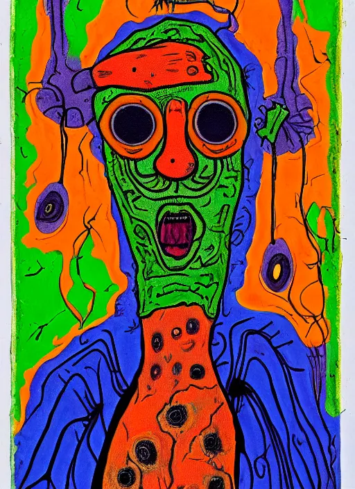 Image similar to a crazy alien art horror portrait, which has weird stretched out eyes and a misshapen mouth, green skin and orange background, art brut by a psycho man, full color crazy outsider outsider art