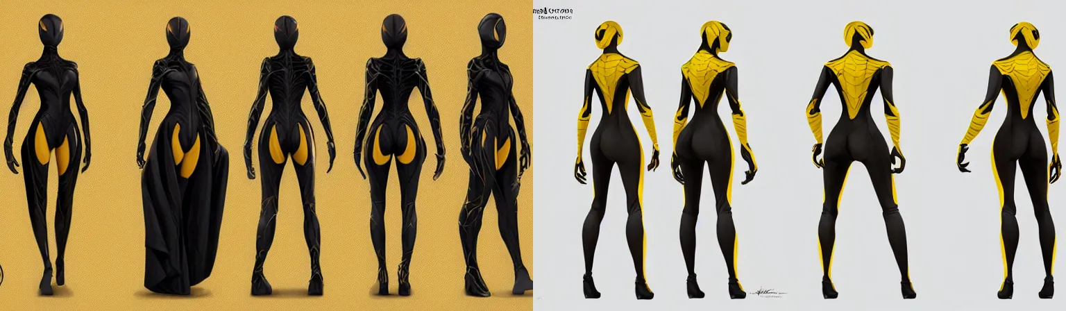 Prompt: full body character turnaround of a woman in an orb weaver outfit, character sheet, matte painting, spiderwoman!!, john singer sargent, good value control, highly detailed portrait, character turnaround, digital painting, concept art, sharp focus, smooth, 3 d model, illustration, yellow and black color scheme, realistically proportioned body