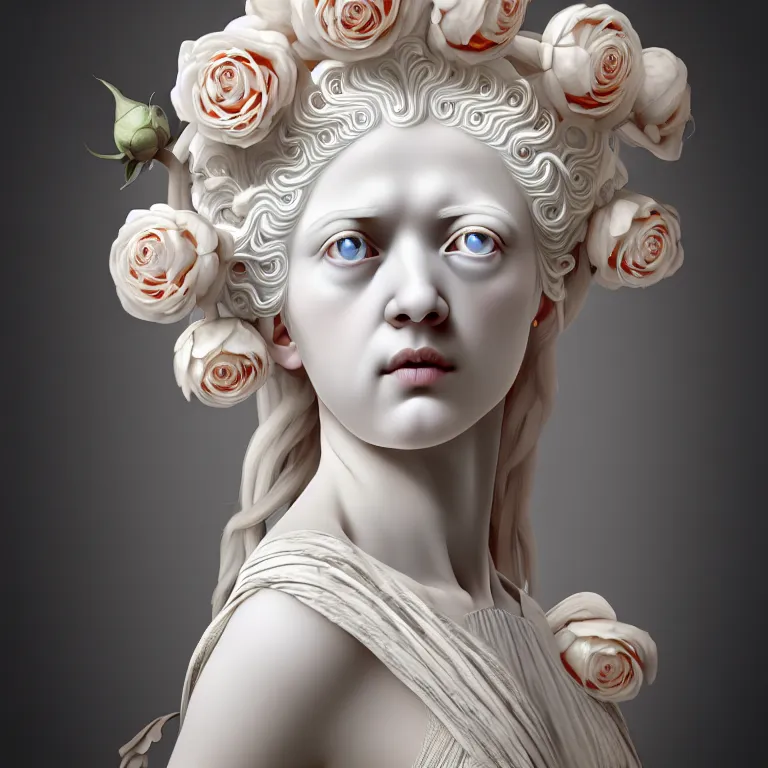 Prompt: neoclassical art closed perfect portrait of a wonderful symmetrical albino goddess with wonderful eyes and dressed with a majestic semi transparent cotton roses dress, ornate, intricate, detailed, dramatic light, octane render