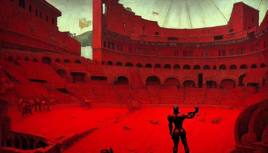 Image similar to only with red, a red gladiator in a crowded roman amphitheatre, crowd cheers him, in the style of beksinski and edward hopper and rodcenko and yue minjun, intricate and epic composition, red by caravaggio, highly detailed, masterpiece, red light, artstation