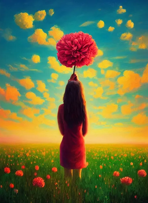 Image similar to woman with a giant carnation head, flower field, surreal photography, sunset dramatic light, impressionist painting, colorful clouds, blue sky, digital painting, artstation, simon stalenhag