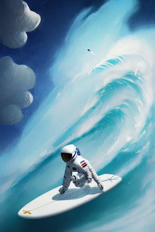 Image similar to a beautiful digital painting of an astronaut in a white space suit surfing the great wave on a surfboard by greg rutkowski, photorealistic, trending on artstation, octane render